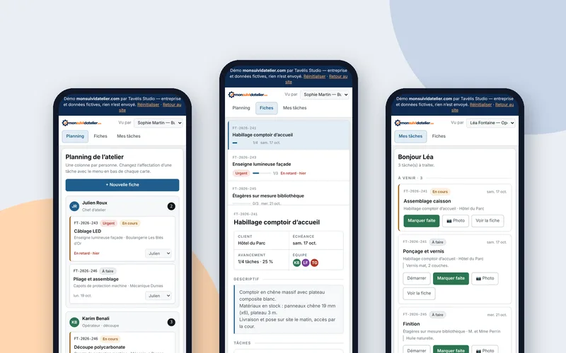 Écrans de l’application de suivi d’atelier monsuividatelier.com