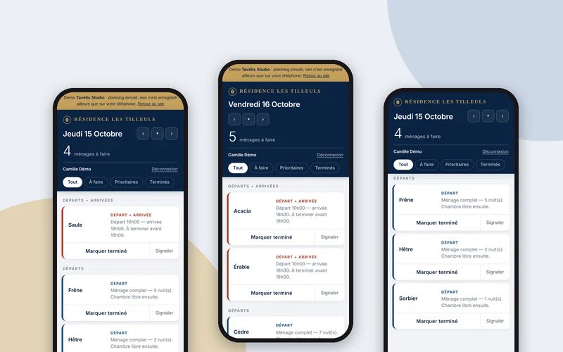 Écrans de l’application de planning ménage, Résidence Les Tilleuls