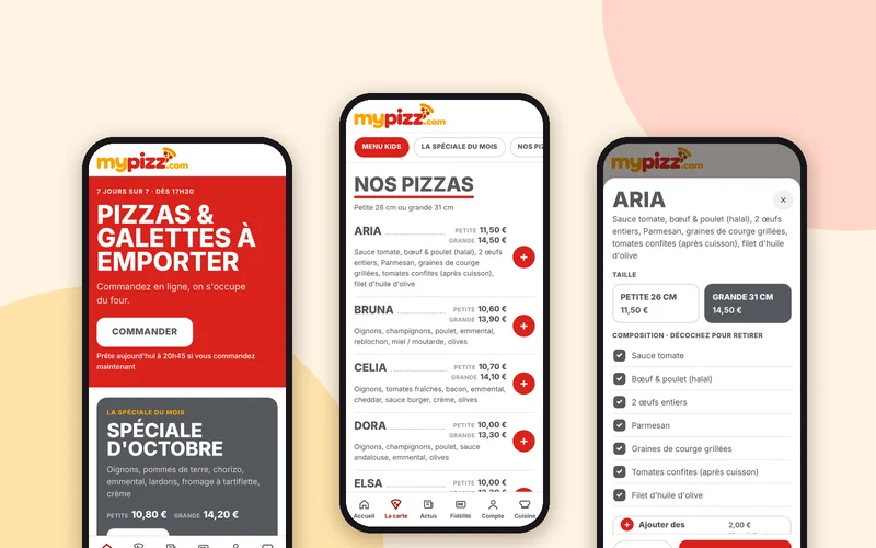Écrans de l’application de commande en ligne mypizz’.com