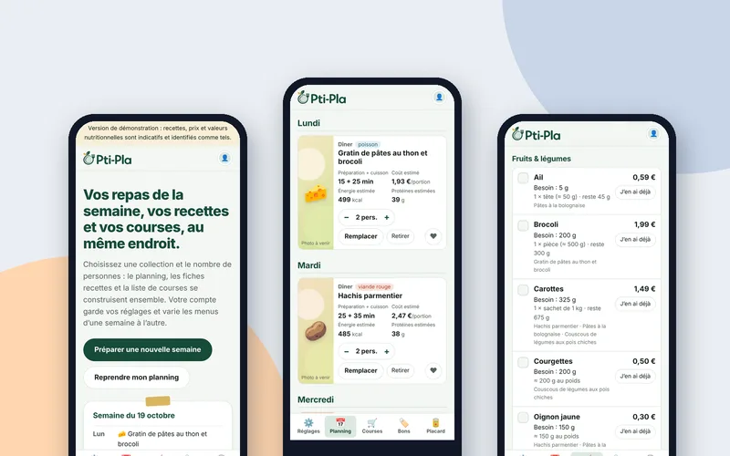 Écrans de l’application Pti-Pla